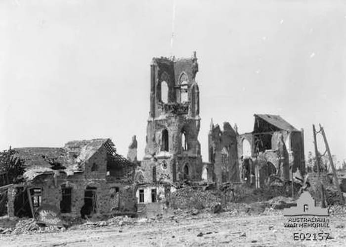 The ruined church of Villers-Bretonneux after the second battle that took place in the village, in World War I