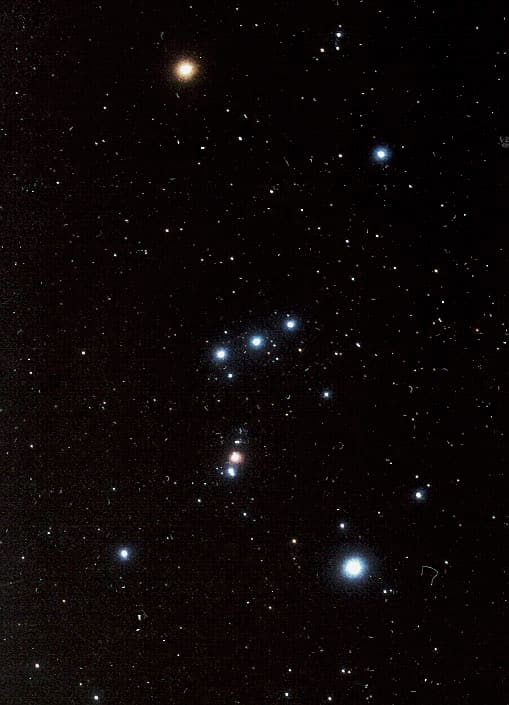 The great constellation Orion as it appears in the northern hemisphere. As one moves south to the equator, Orion seems to tip over on to its side, and then appears the other way up in the southern hemisphere