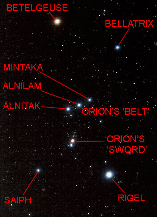 Annotated map of the main stars in Orion. All of these stars are really impressive, but some (described below) are truly outstanding