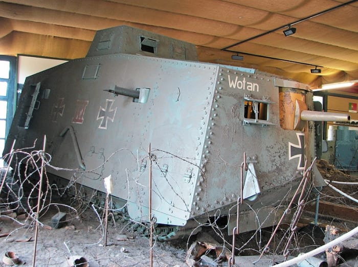 WW1: Replica of German A7V heavy tank "Wotan" showing its cannon and a machinegun.