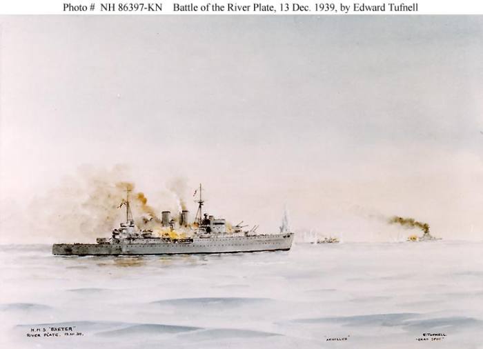 Watercolor depicting the cruisers HMS Exeter (foreground) and HMNZS Achilles (right center background) in action with the German armored ship Admiral Graf Spee (right background).