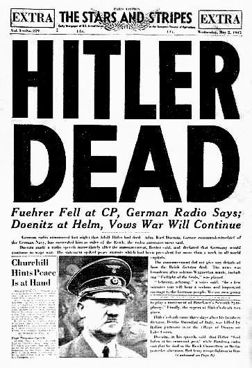 A headline in the U.S. Army newspaper Stars and Stripes announcing Hitler's death. 2 May 1945