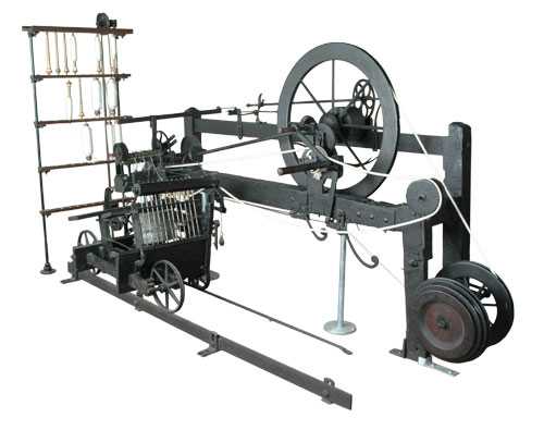 Samuel Crompton's Spinning Mule, an important invention in 18th Century textile making. Mules were operated in pairs by a minder, with the help of two boys, known as the little piecer and the big, or side piercer.