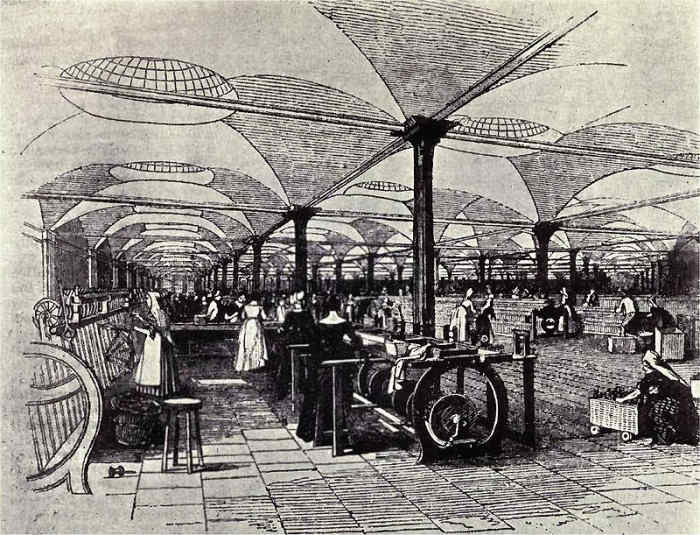 Drawing of Marshall's Mills, a flax mill in Holbeck, Leeds, England, showing workers at their machines. The picture is taken from the Penny Magazine Supplement, December 1843. The mill was earlier targeted in the Plug Riots of August 1842.