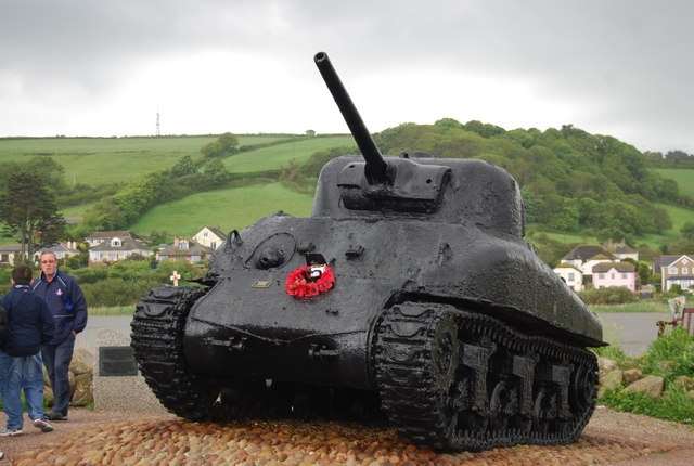 American Memorial in Torcross. This Sherman tank. raised from the waters near Slapton Sands, commemorates the US troops who died in an accident in Start Bay, whilst practising for D-day.
