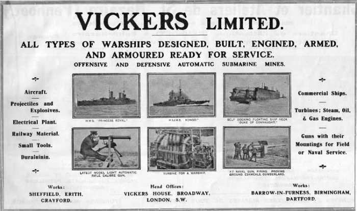 A Vickers Ltd advertisement showing its varied armaments capabilities. June 1914 (one month before war broke out).