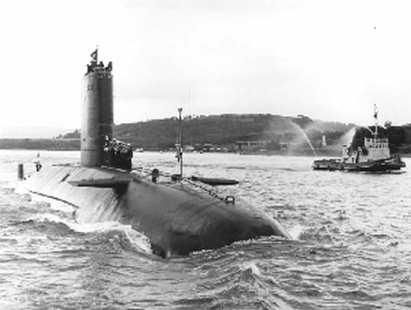 HMS Conqueror (S48) 4 July 1982 returning to the Clyde Submarine base (Faslane) from the Falklands War.