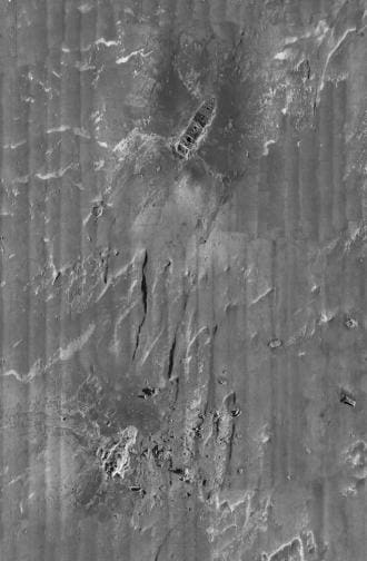 The bow of the Titanic is located at the top middle of the photo. The stern is at the bottom of the photo. The two parts are 1970 feet apart.