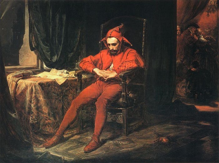 An 1862 painting depicting Stańczyk, dejected after receiving news of the Russian capture of Smolensk.