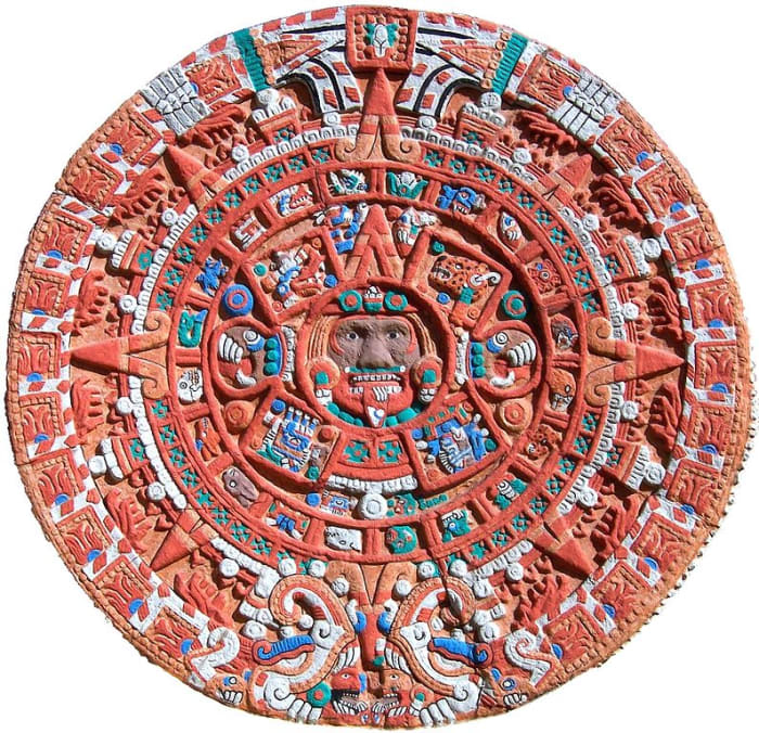 A colorized version of the Aztec calendar sun stone