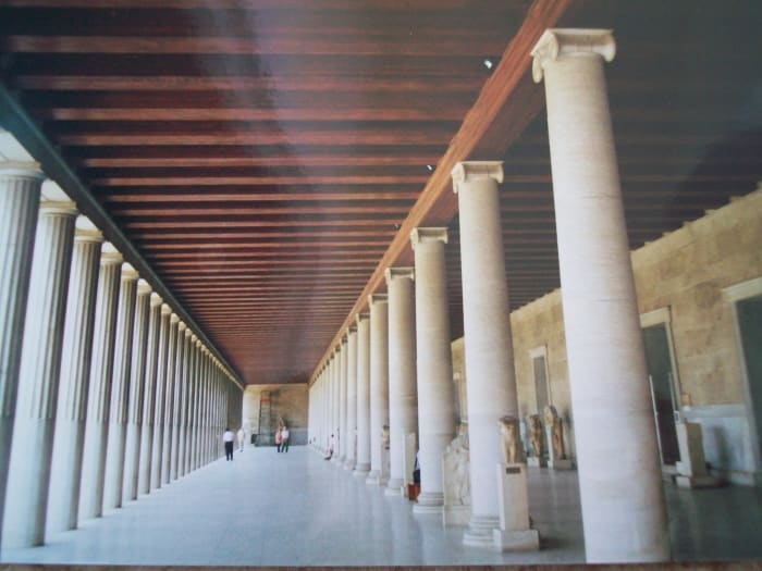 Note the double colonnade with exterior Doric and interior Ionic columns in the reconstructed Stoa of Attalos.
