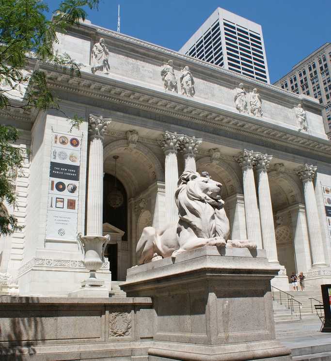 The New York Public Library, built in Beaux-Arts style between 1902 and 1911, includes ancient Greek influence in such elements as stylized Corinthian columns, high-relief sculpture in the frieze, and the extensive use of marble.