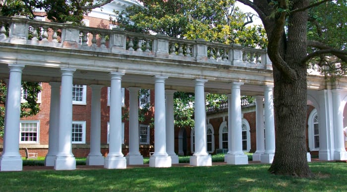 This neoclassical colonnade at the University of Virginia is part of the original campus designed in Federal style by Thomas Jefferson himself.