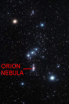 The Orion Nebula, visible as a fuzzy smudge in the Orion Constellation - this is the easiest bright nebula to locate in the night sky