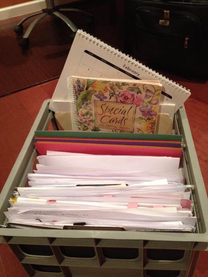 Crates or baskets are mobile and can hold regularly used items such as calendars, student files, and forms.