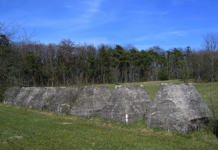 Part of the Toblerone line near Gland (Switzerland). Each block is taller than a man.