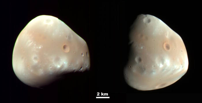 Deimos is about 6-10 miles across (it's very irregular). Mars will eventually lose this moon, too: it's spiraling away. Phobos and Deimos are named after the sons of Mars in Greek and Roman mythology; their names mean "fear" and "panic."