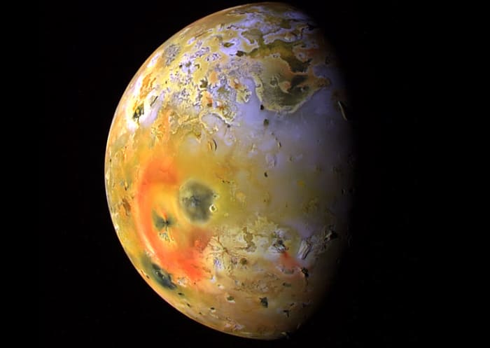 What's cooking? Those big blotches are different kinds of sulfur lava flows from Io's many volcanoes. Io resurfaces itself continually; every few months scientists will see something different.