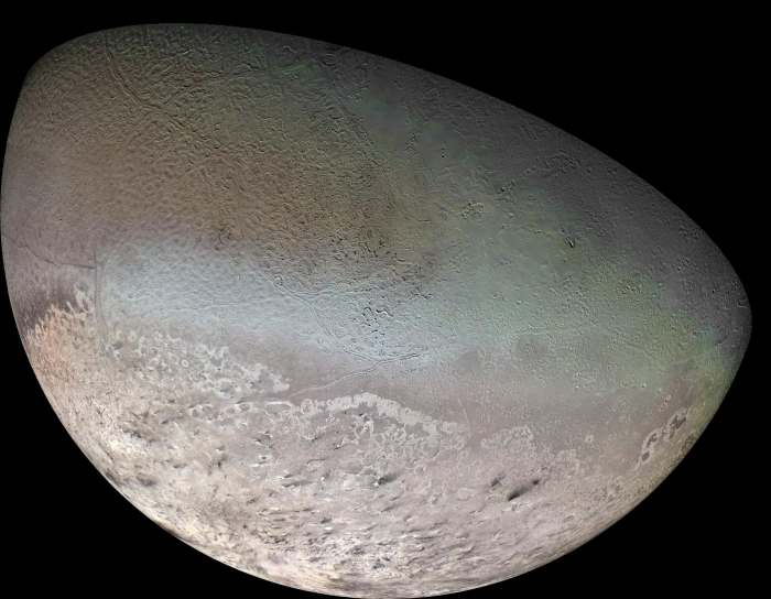 The southern half of Neptune's moon Triton: a world in deep-freeze with "cryovolcanoes" and features that still puzzle scientists.