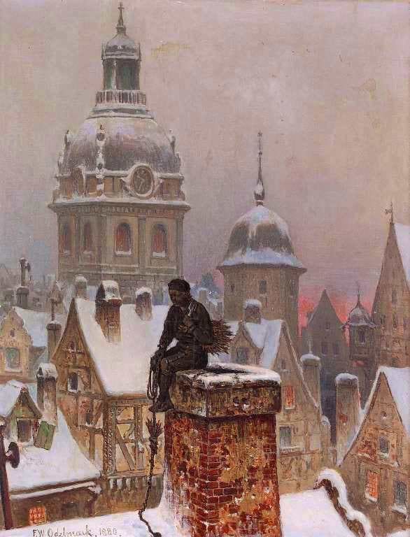 A chimney sweep apprentice in Germany. The chimney sweep apprentices were especially busy just before people started the Christmas cooking and entertaining.