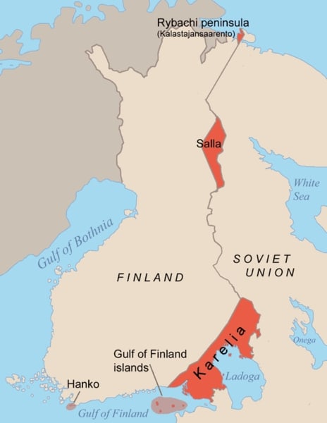 WWII: Map of the areas ceded by Finland to the Soviet Union after the Winter War 1940.