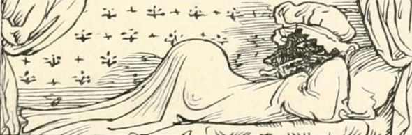In this drawing by Walter Crane, the wolf really resembles a pregnant lady ... source: archive.org, PD licence