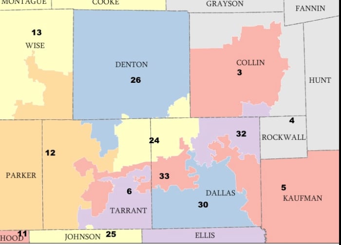 Dallas/Fort Worth area of Texas. As stated in the text, the districts for the state of Texas have not yet been drawn for 2012 because the U.S. Supreme Court has not yet ruled. Note the odd shapes of the districts as they have been up until now.