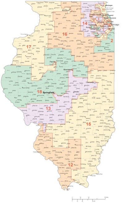 This maps show the different districts in Florida. Note the odd shapes of the districts, especially in the Northeast corner.