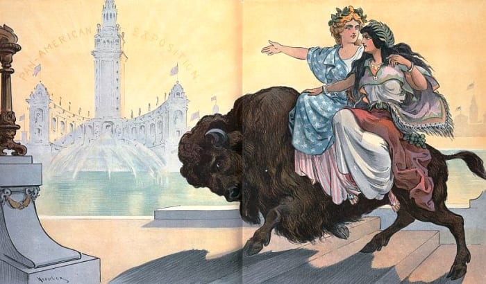 Even mythical women, such as these representing North and South America were meant to ride to the side. Which must be quite difficult, bareback on a Bison (from Puck, 1901)
