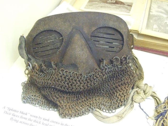 Splatter mask used by tank crews in World War I to protect from armor fragments bloen loose by shrapnel and armor-piercing bullets.