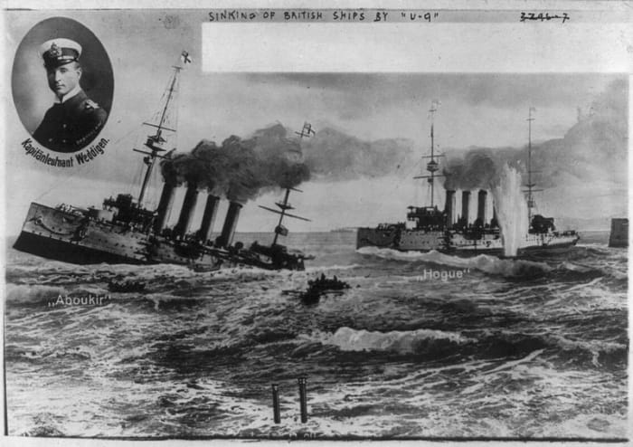 WW1: German postcard depicting U-boat U-9 (commanded by Capt. Lt. Weddigen) sinking British cruisers. December 4, 1914.
