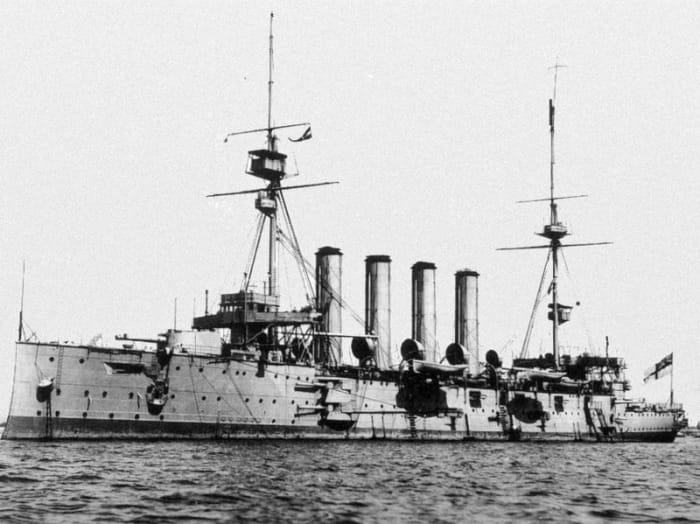 WWI: Armoured cruiser HMS Cressy, sunk on 22 September 1914, along with her sister ships Aboukir and Hogue (same class as Cressy), by German U-boat U-9.