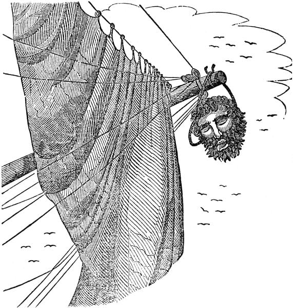 Blackbeard's head hangs from the bowsprit. Illustration from "The Pirates Own Book" by Charles Ellms.