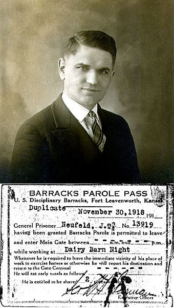 John Neufeld was a Mennonite conscientious objector. He is shown with his parole pass, allowing him to leave barracks to perform work at a dairy.