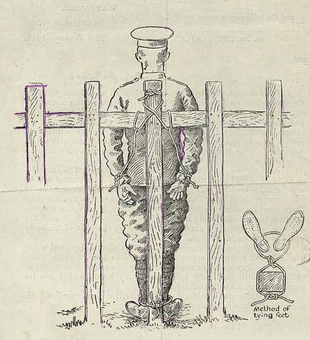 Field Punishment No. 1 replaced flogging in the British Army. It was used for those who disobeyed orders on active service. Some conscientious objectors sent to France were charged and given FP No. 1