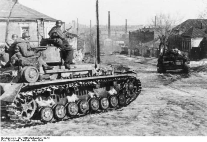World War Two: German Panzer IV near Kharkov, Ukraine SSR.