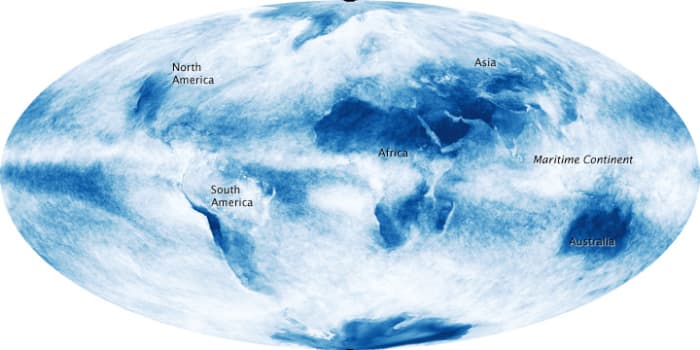 Note that all of the land masses clear of cloud cover are desert or near desert areas, including the SW United States. Note also the heavy cloud cover over the Amazon Jungle in South America and the Congo in Africa.