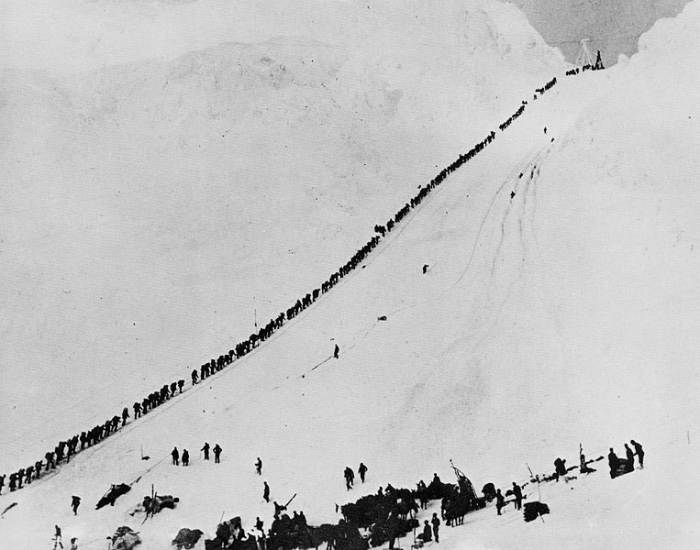 Miners hoping to prosper in the Klondike during the 1890s had to make the climb through Chilkoot Pass in Canada,