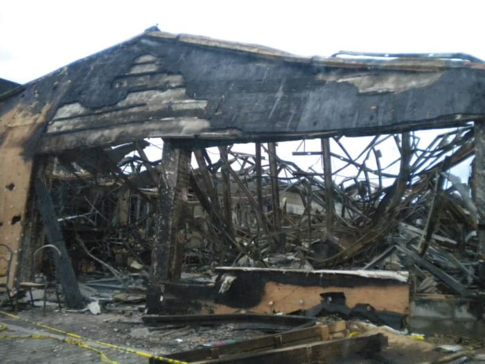 A fire during the storm destroyed a restaurant in Freeport, NY. Super Storm Sandy prevented firefighters from getting there.