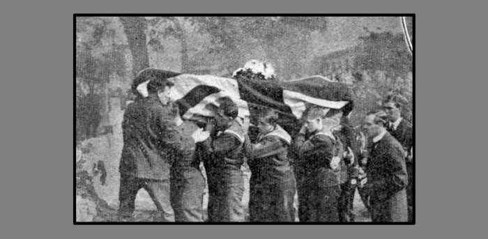 WW1: Pall-bearers from the Royal Naval Division carrying the coffin of Lieutenant R.A.J. Warneford, VC. "Honoured by the King; admired by the Empire; mourned by all."