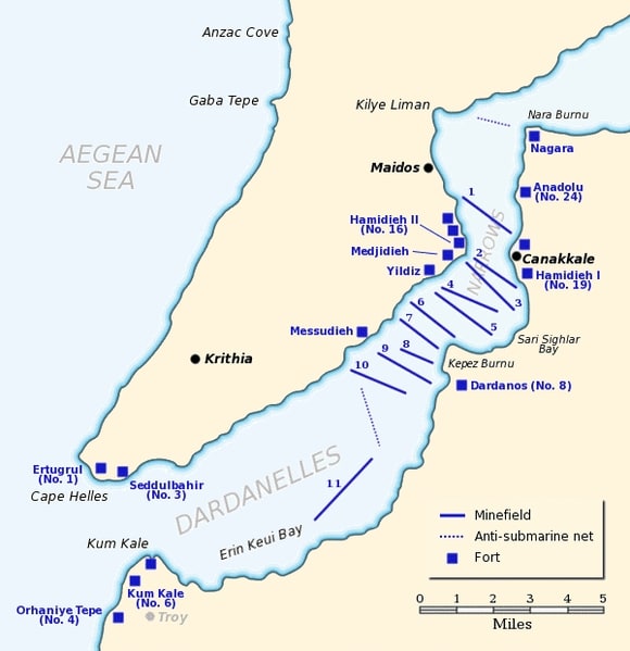 WWI: Map of the Dardanelles defences in February and March, 1915. Minefield #11 was laid by Nusret on March 8, 1915.