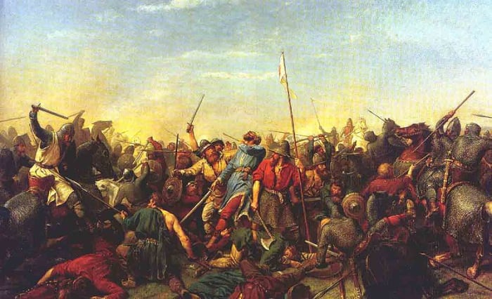 A painting of the battle of Stamford Bridge showing Norwegian King Harold Hardrada being hit in the neck with an arrow.