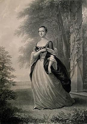 Mezzotint of Martha Washington by John Folwell, drawn by W. Oliver Stone after the original by John Wollaston, painted in 1757