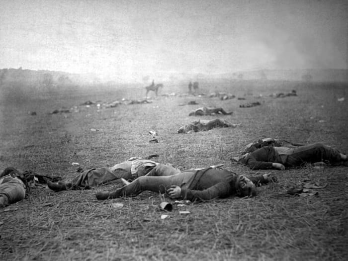 A very famous photograph showing dead Union soldiers in a meadow near the Peach Orchard. It was entitled the 'Harvest of Death' by its taker, Timothy H. O'Sullivan.