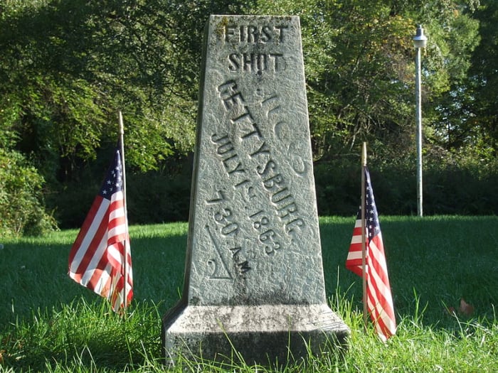 This memorial on Chambersburg Pike commemorates the spot where the first shot is said to have been fired.
