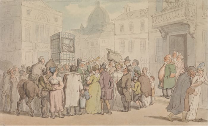 In this illustration by Thomas Rowlandson (1827) a crowd gathers to watch a 'Punch and Judy Show.' If you look carefully, you might find a child pickpocket busy at work while the crowd are distracted. Can you see him?