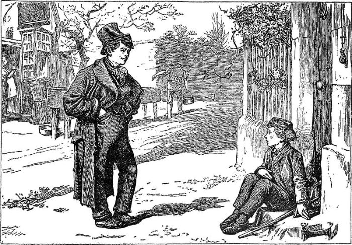 Oliver Twist meets the Artful Dodger on the streets of London. An illustration by James Mahoney (1810 - 1879)
