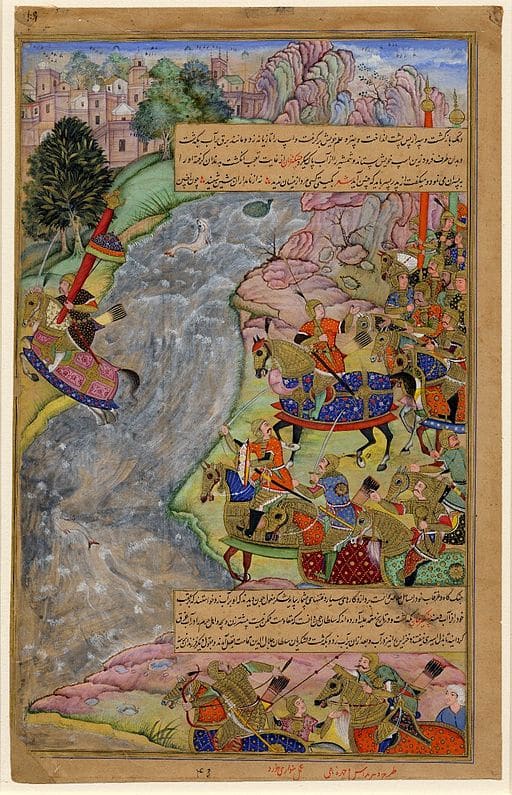 obraz perského šáha prchajícího přes řeku Indus z Chána.