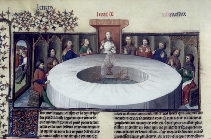 "King Arthur and the Round Table Experience a Vision of the Holy Grail" from a 15th century manuscript