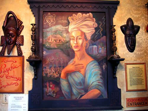 On Dumaine Street is the Voodoo museum, which has several of Marie's possessions on display and this painting at their entrance. Again, it's highly unlikely to have been modeled on the Voodoo Queen.